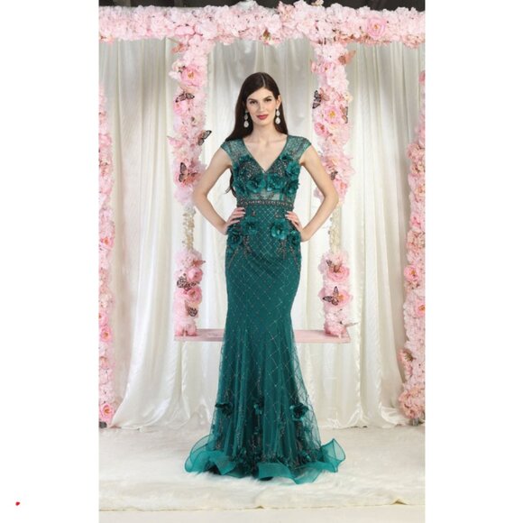 Hunter Green Formal V-Neck Sleeveless Sheath Dress By Royal Queen RQ7951